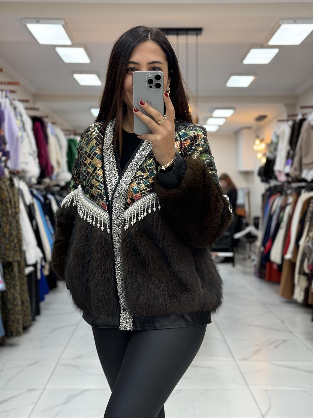 İthal İncili Kürklü Hırka Mont Kahve