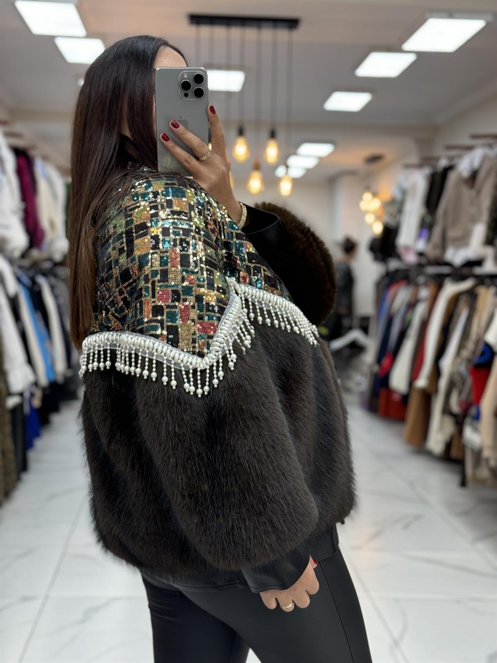 İthal İncili Kürklü Hırka Mont Kahve