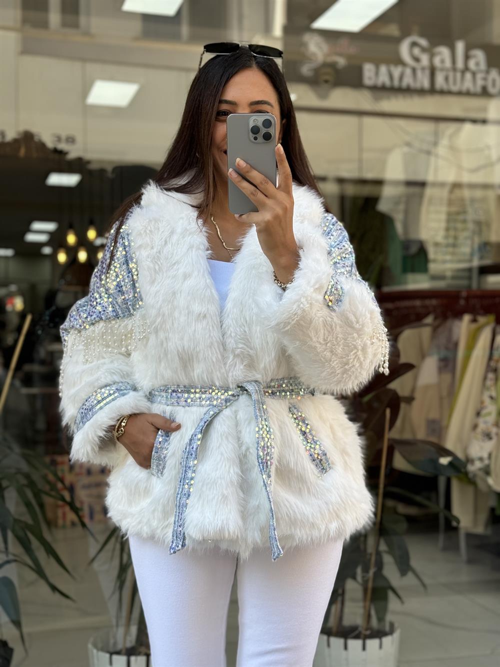 İthal İncili Kürklü Mont Mavi