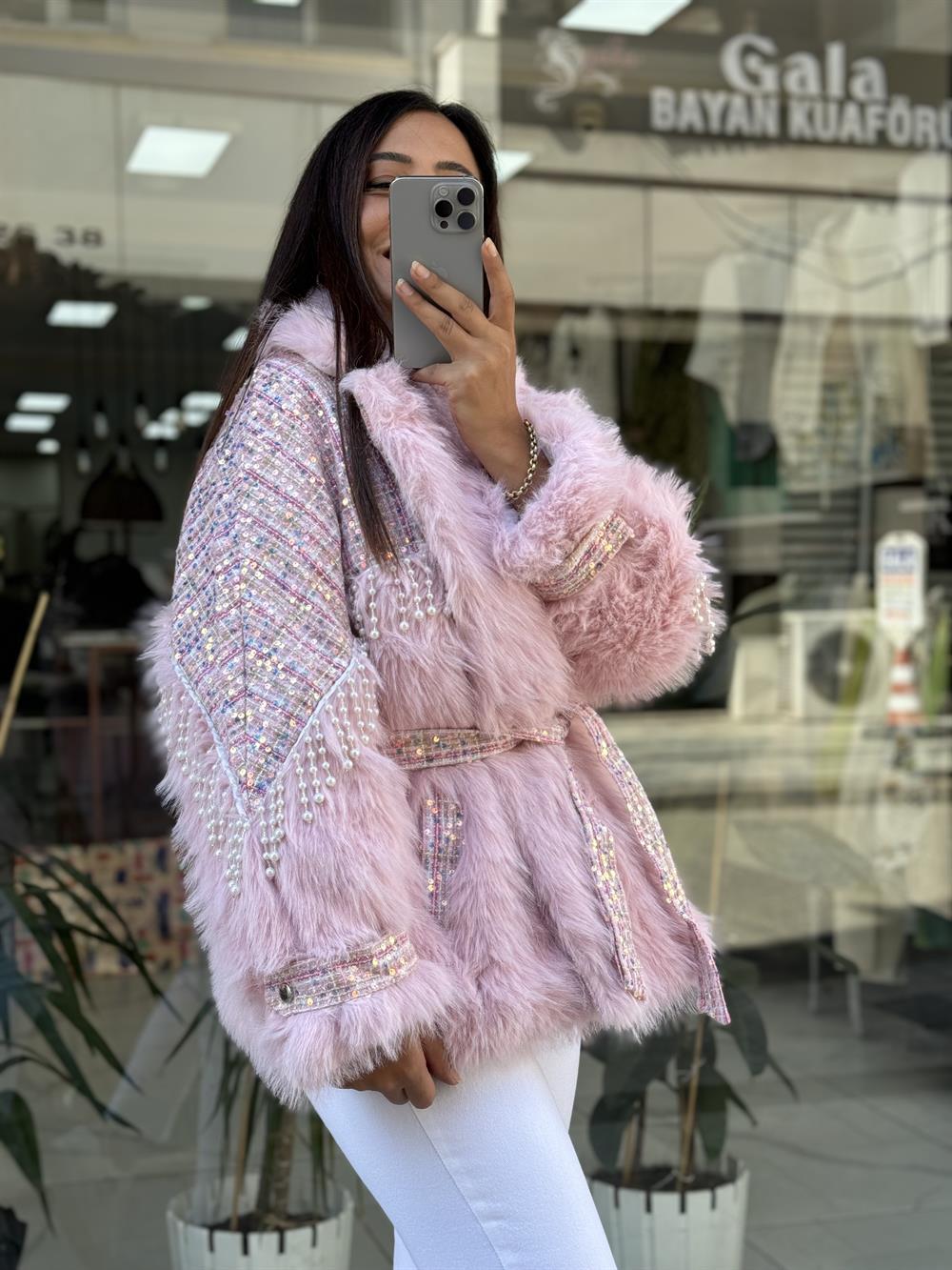 İthal İncili Kürklü Mont Pembe