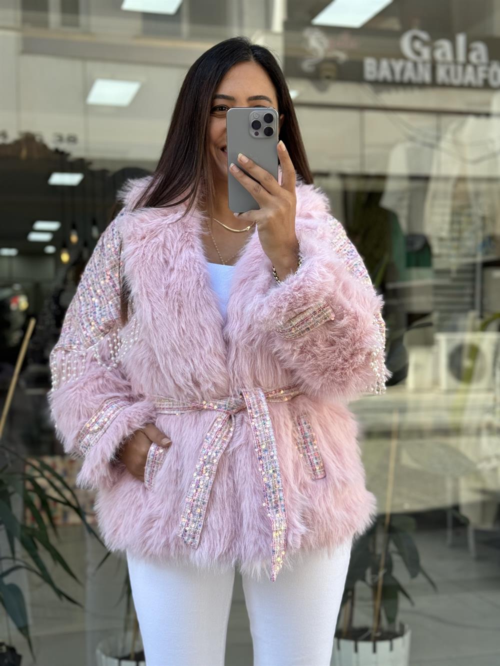 İthal İncili Kürklü Mont Pembe