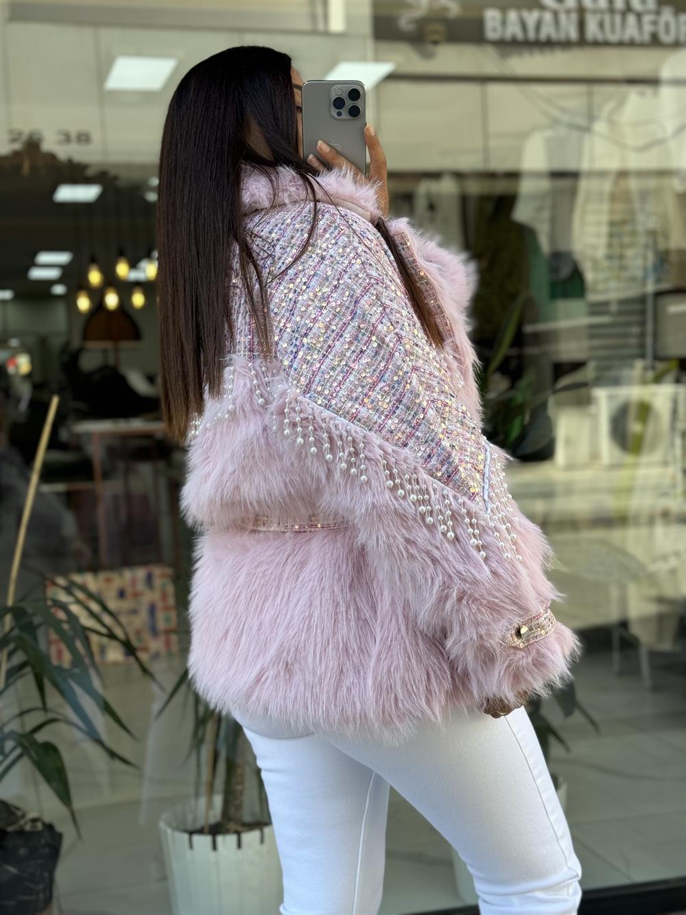 İthal İncili Kürklü Mont Pembe