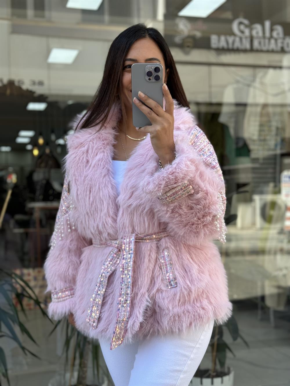 İthal İncili Kürklü Mont Pembe