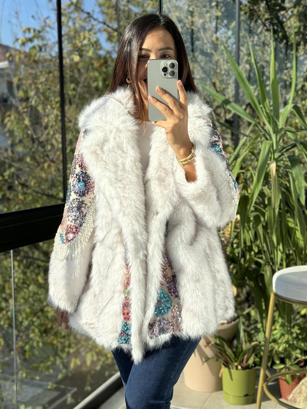 İthal İncili Kürklü Mont Renkli