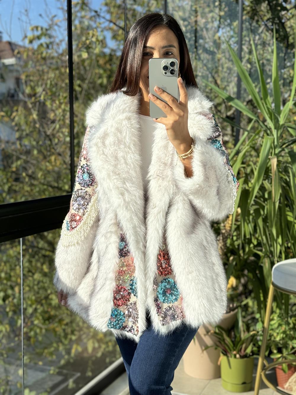 İthal İncili Kürklü Mont Renkli