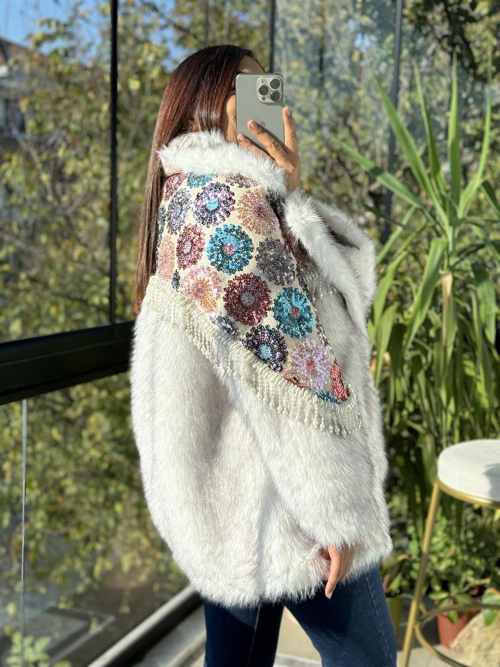 İthal İncili Kürklü Mont Renkli