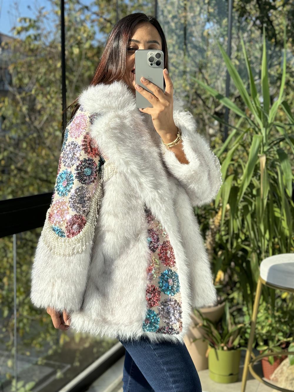 İthal İncili Kürklü Mont Renkli