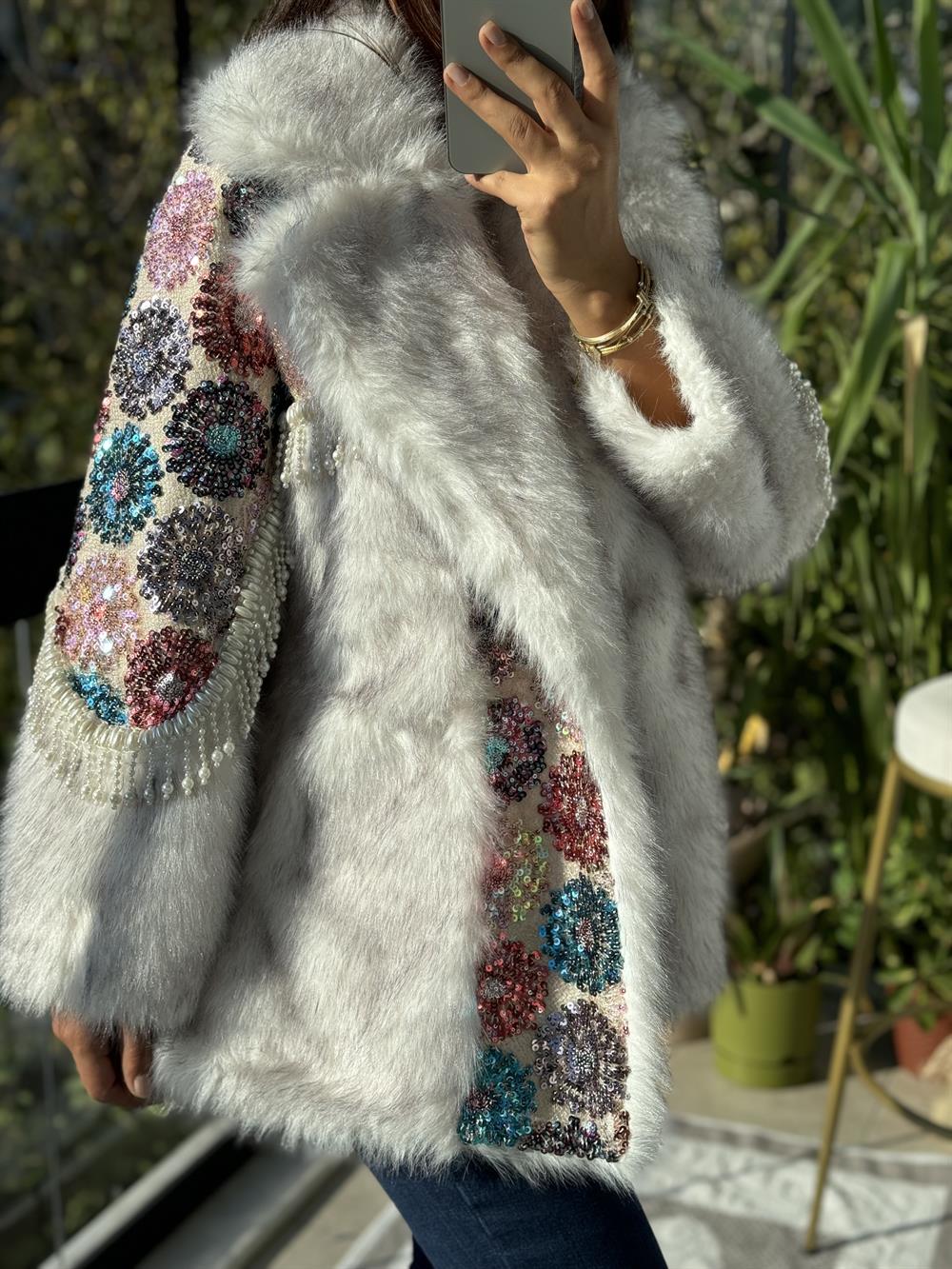 İthal İncili Kürklü Mont Renkli