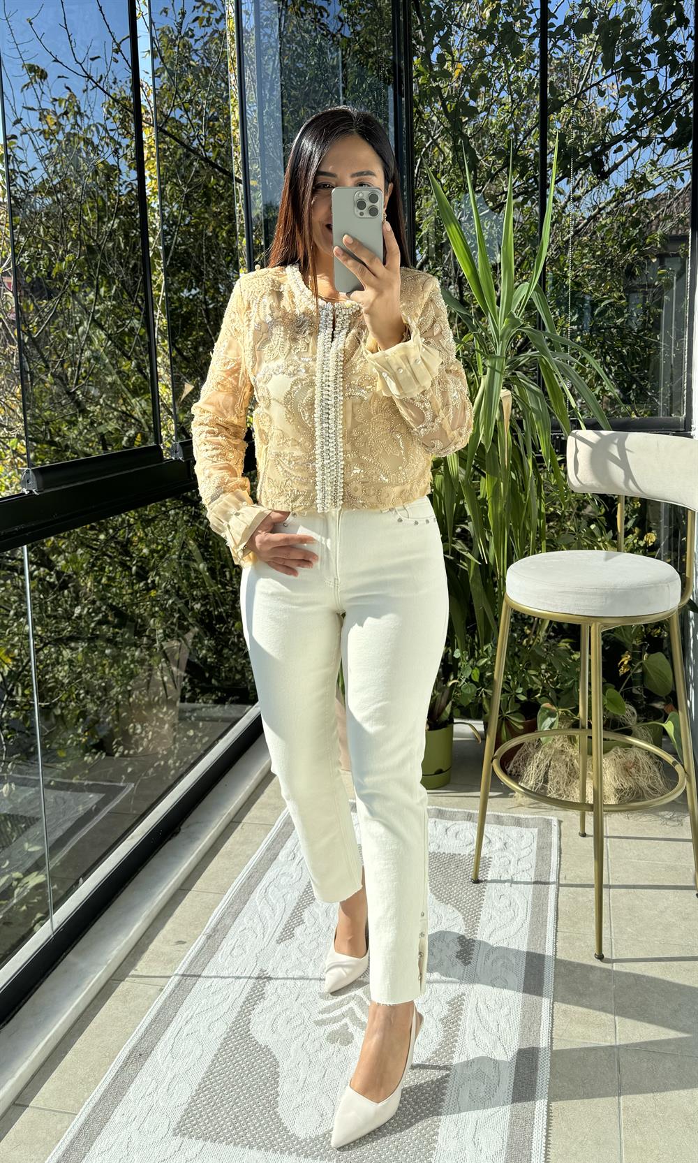 İthal İncili Payetli Crop Ceket Camel