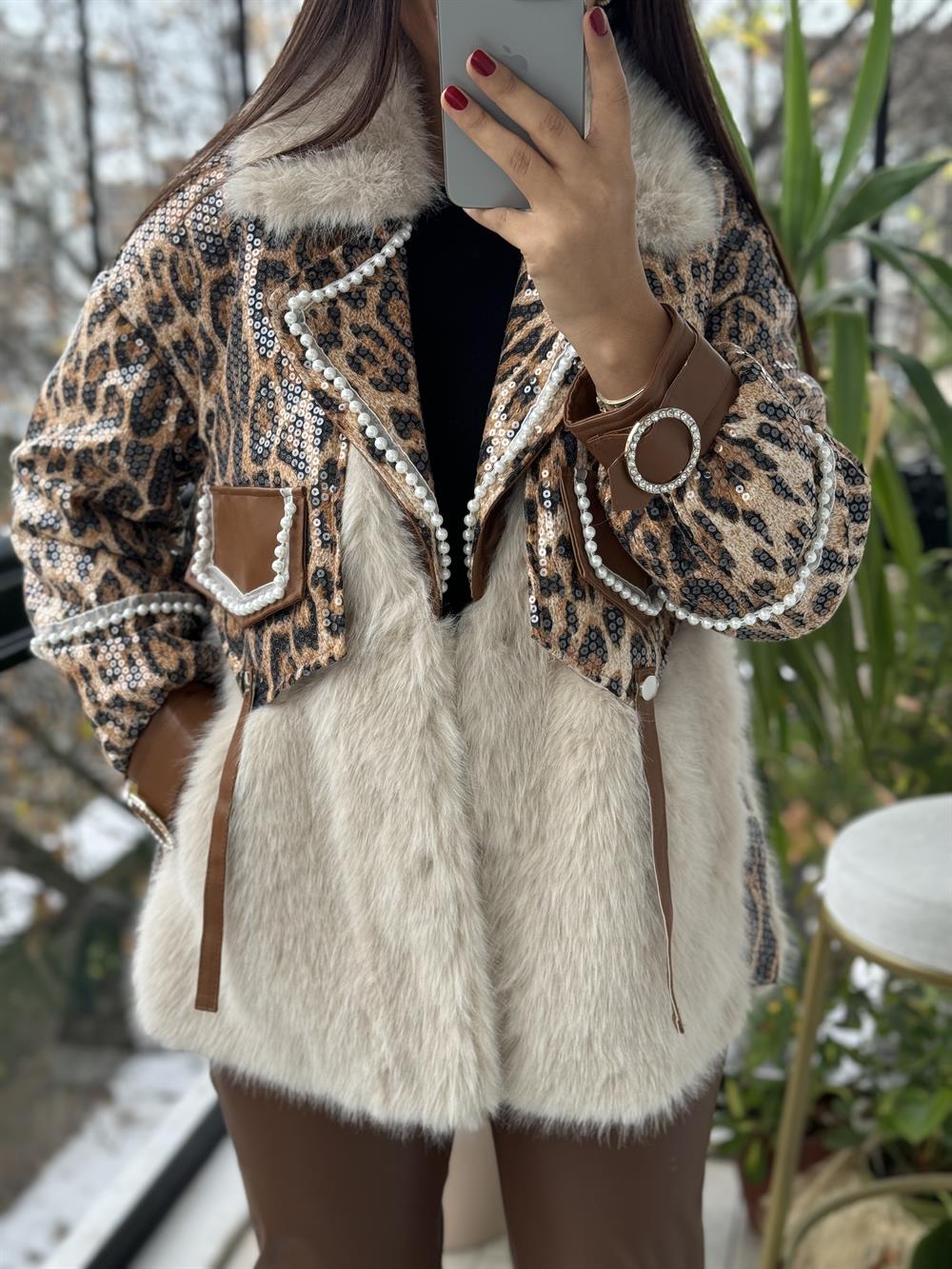 İthal İncili Payetli Deri Detaylı Kürk Leopar