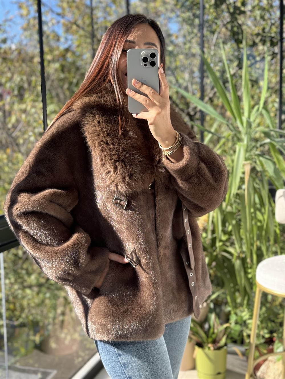 İthal Kemer Detaylı Kürk Ceket Kahve