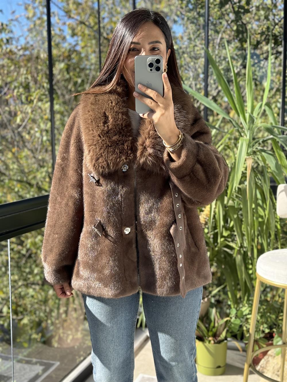 İthal Kemer Detaylı Kürk Ceket Kahve