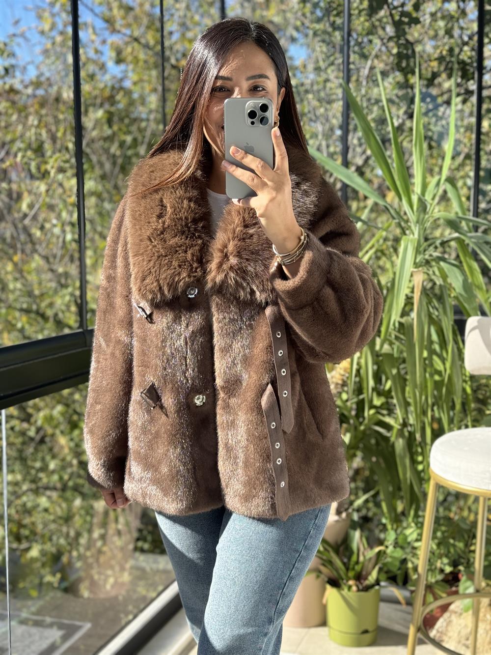 İthal Kemer Detaylı Kürk Ceket Kahve