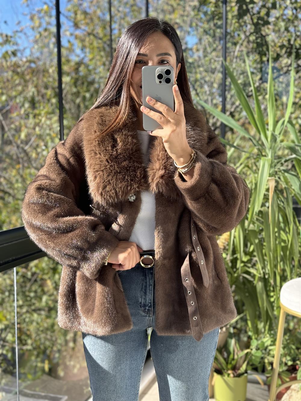 İthal Kemer Detaylı Kürk Ceket Kahve