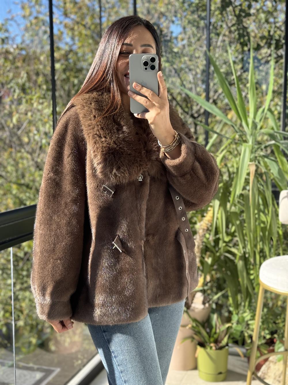 İthal Kemer Detaylı Kürk Ceket Kahve