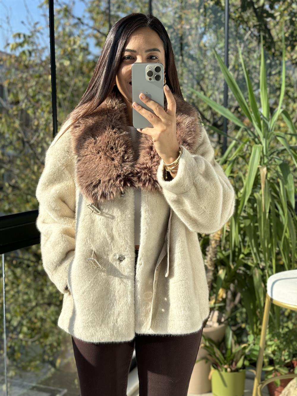 İthal Kemer Detaylı Kürk Ceket Krem