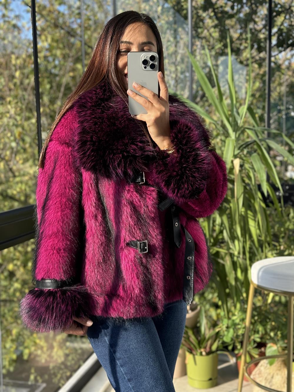 İthal Kemer Detaylı Kürk Ceket Mor