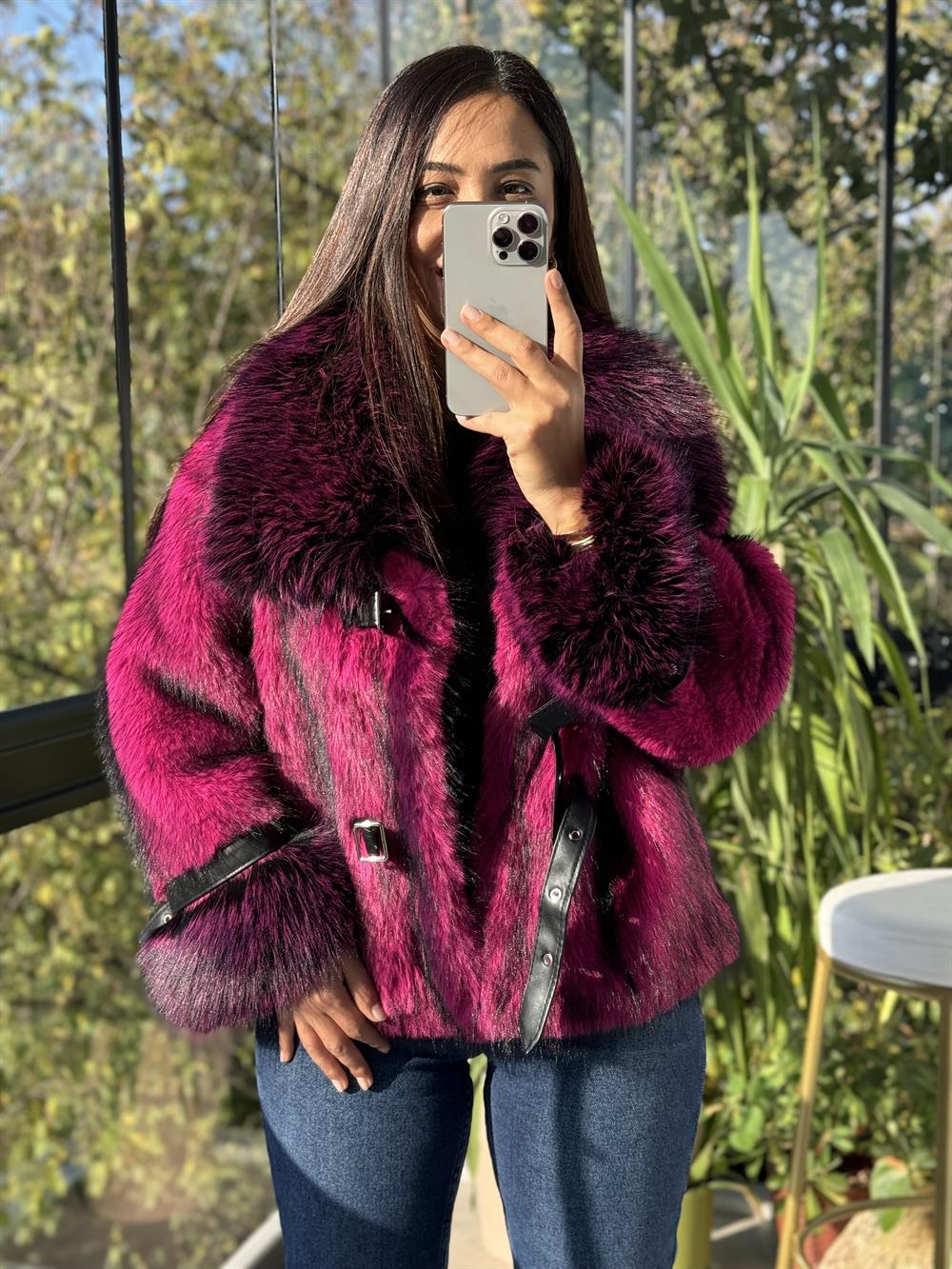 İthal Kemer Detaylı Kürk Ceket Mor