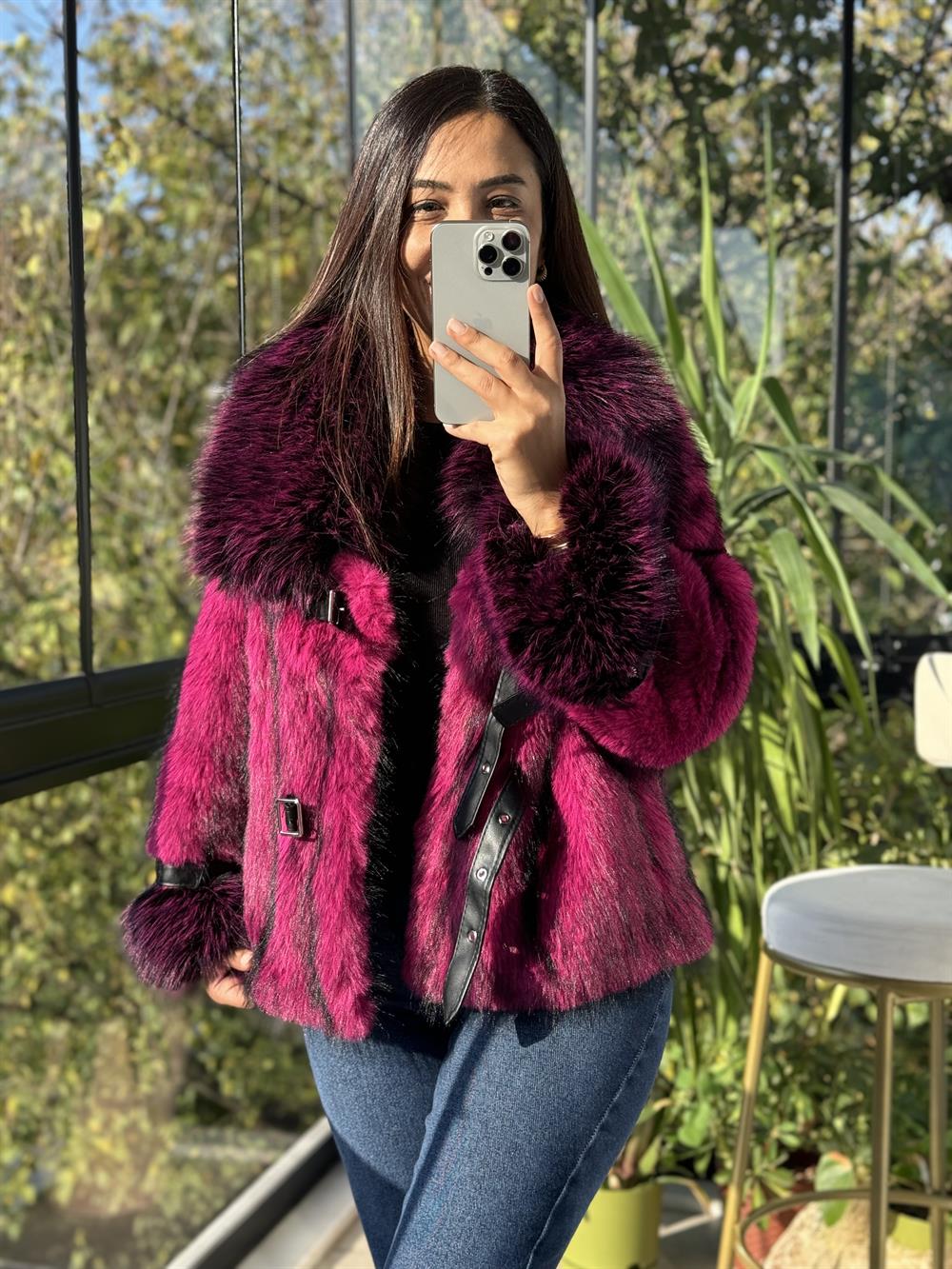 İthal Kemer Detaylı Kürk Ceket Mor
