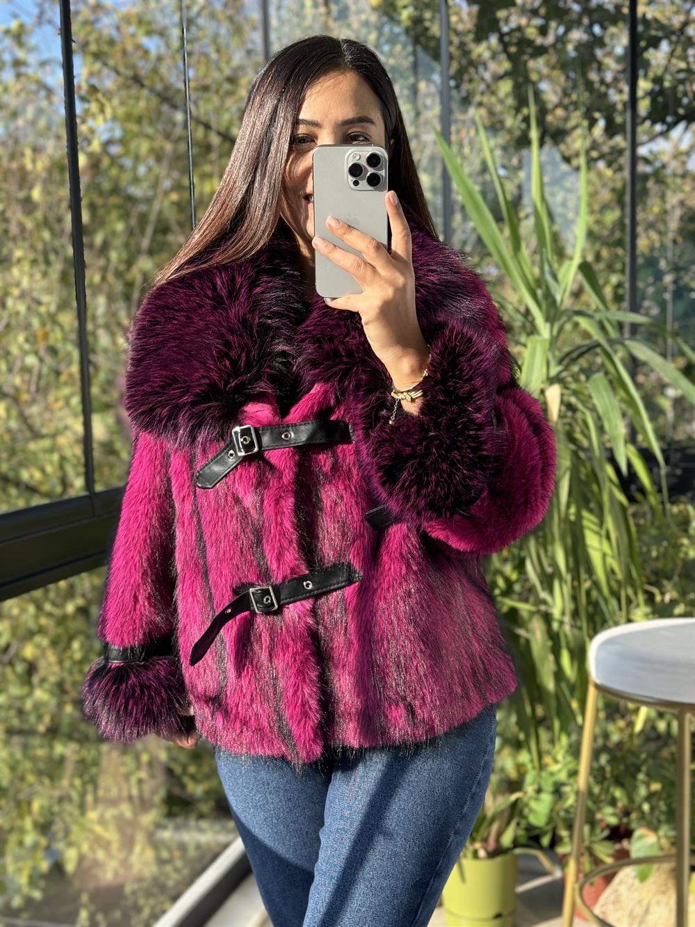 İthal Kemer Detaylı Kürk Ceket Mor