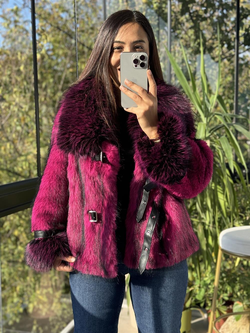 İthal Kemer Detaylı Kürk Ceket Mor