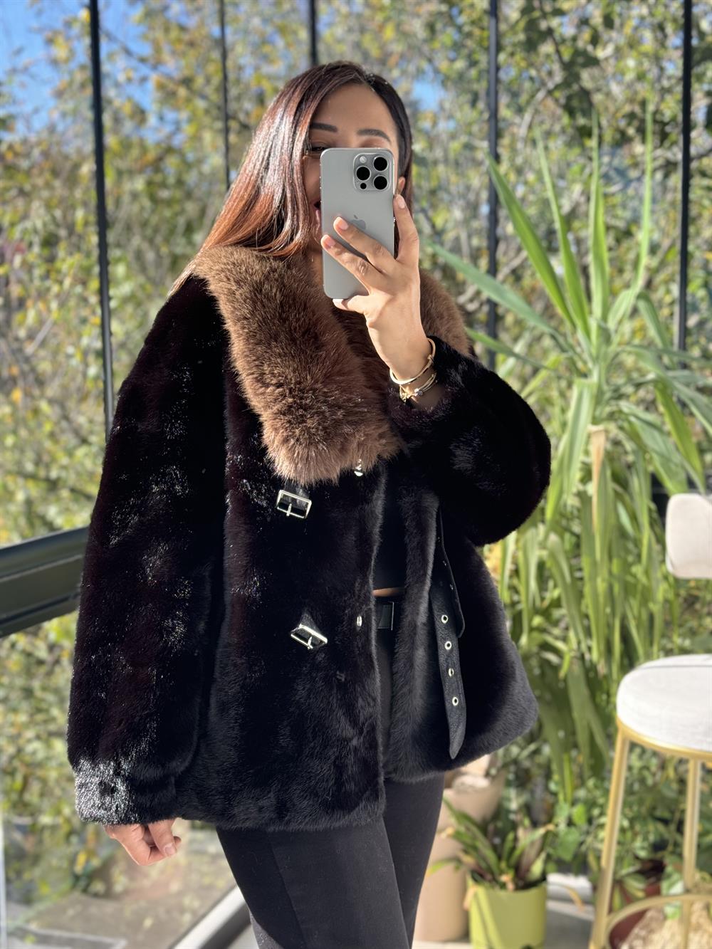 İthal Kemer Detaylı Kürk Ceket Siyah