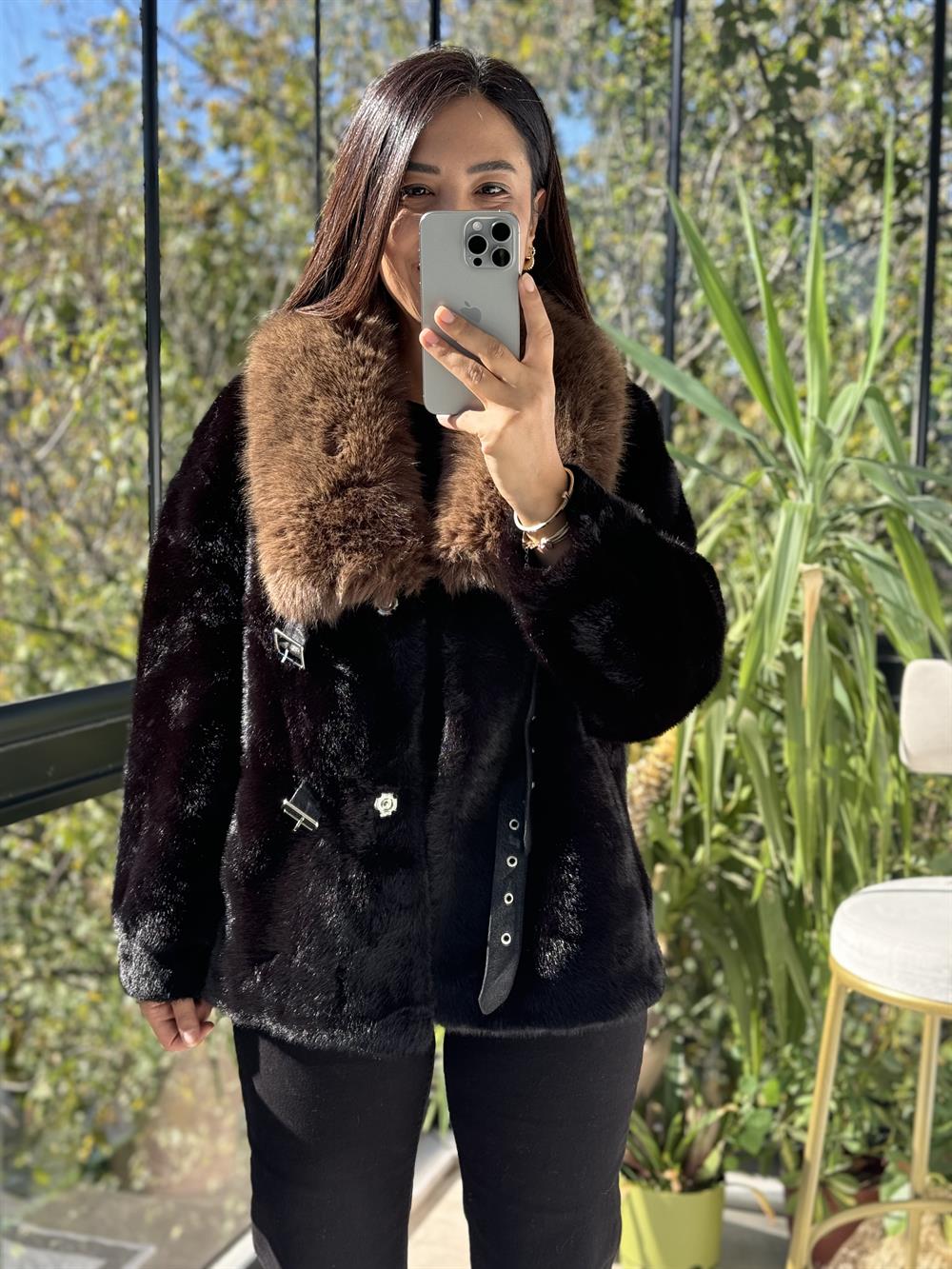 İthal Kemer Detaylı Kürk Ceket Siyah