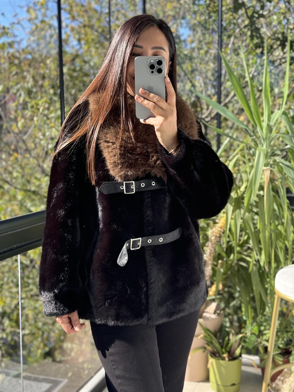 İthal Kemer Detaylı Kürk Ceket Siyah