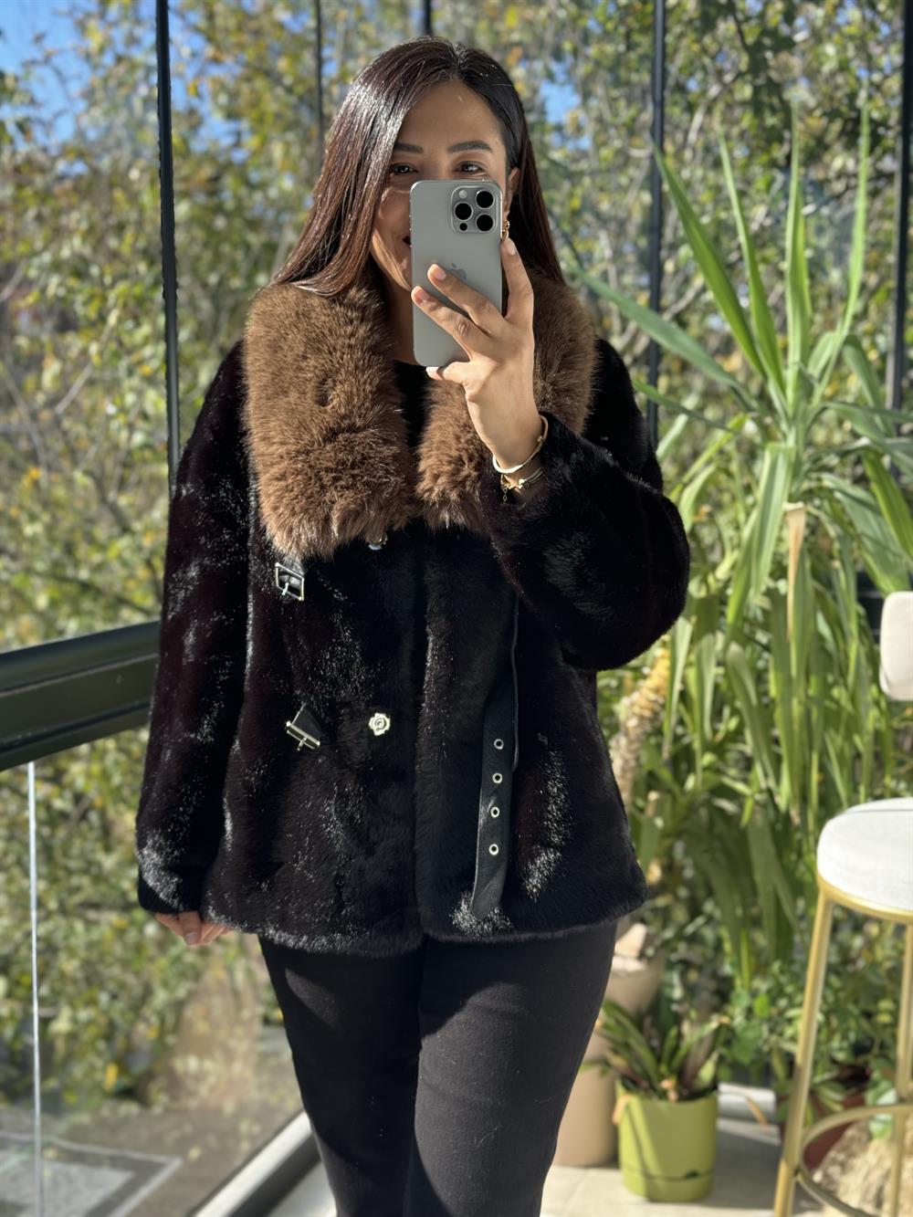 İthal Kemer Detaylı Kürk Ceket Siyah