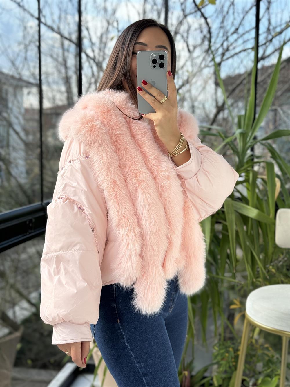 İthal Kısa Tüylü Mont Pembe