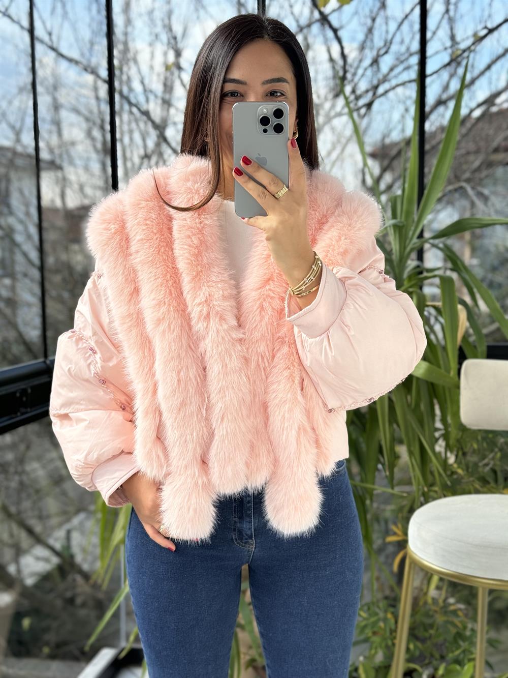 İthal Kısa Tüylü Mont Pembe