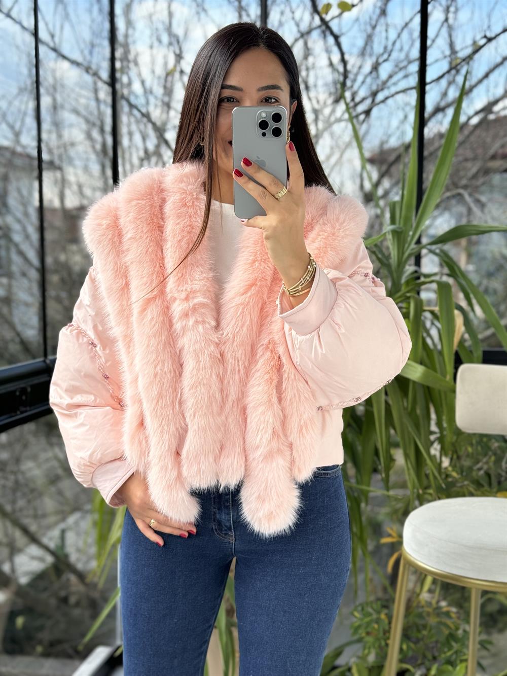 İthal Kısa Tüylü Mont Pembe