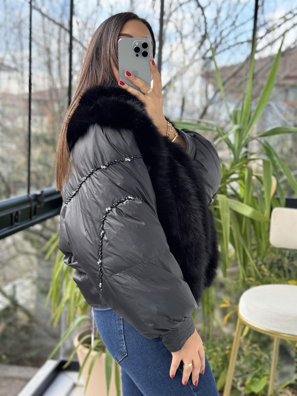 İthal Kısa Tüylü Mont Siyah