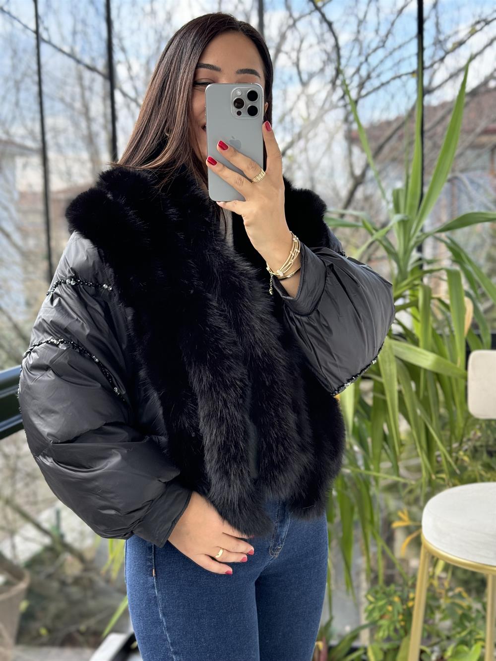 İthal Kısa Tüylü Mont Siyah