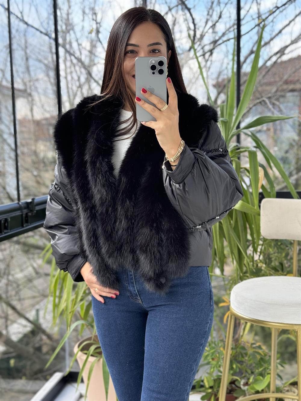 İthal Kısa Tüylü Mont Siyah