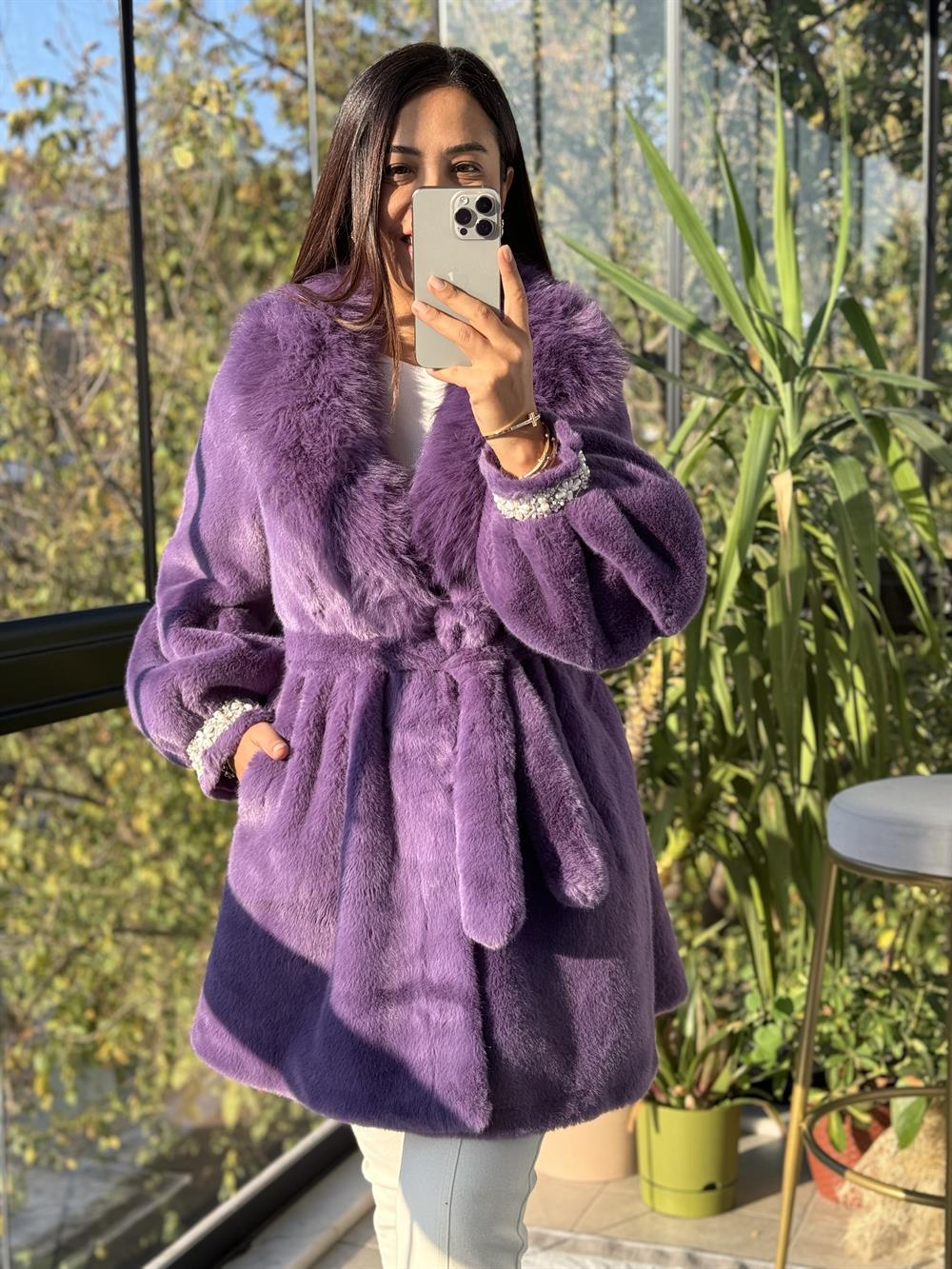 İthal Kolu İncili Kürk Mor