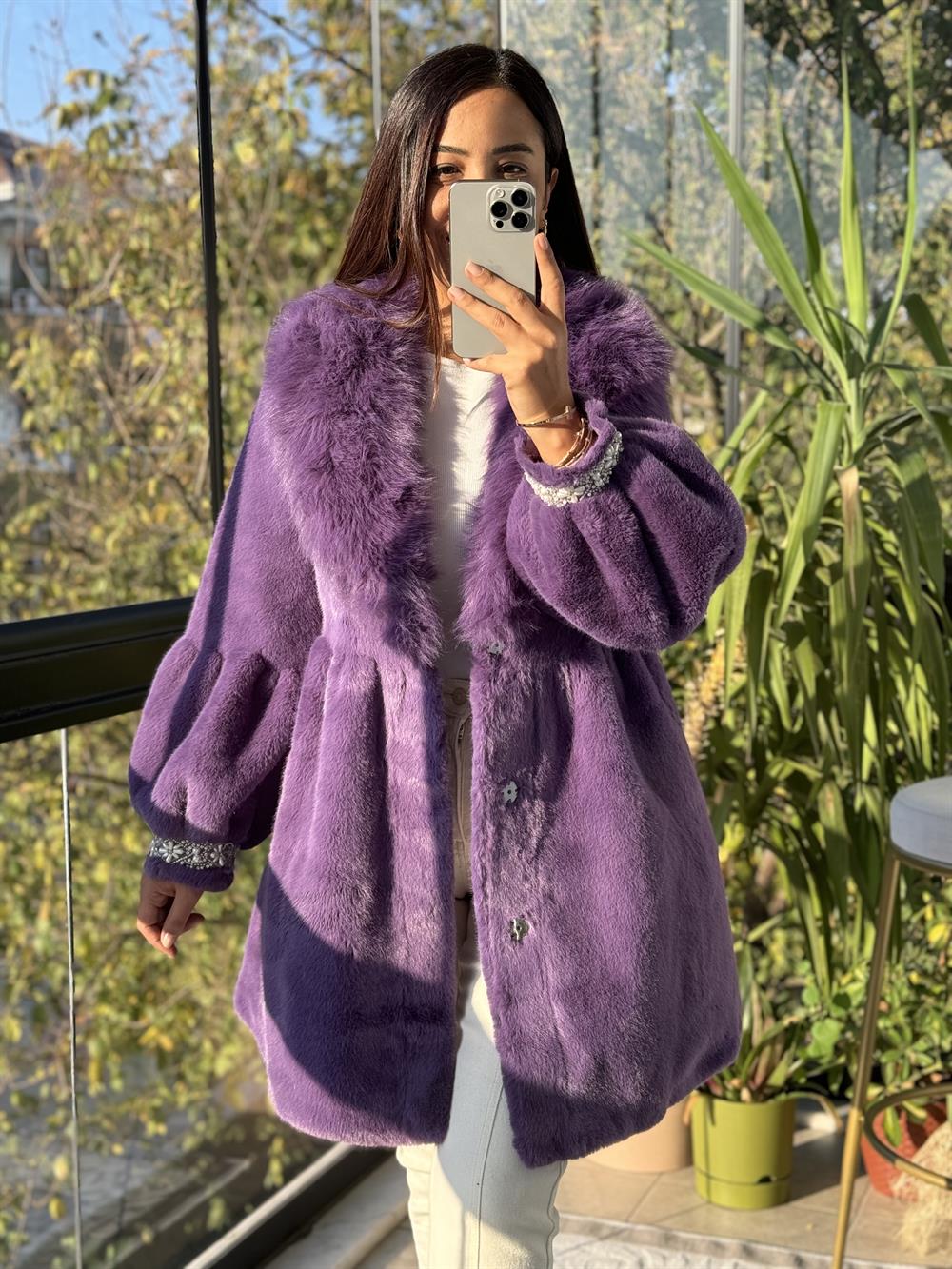 İthal Kolu İncili Kürk Mor