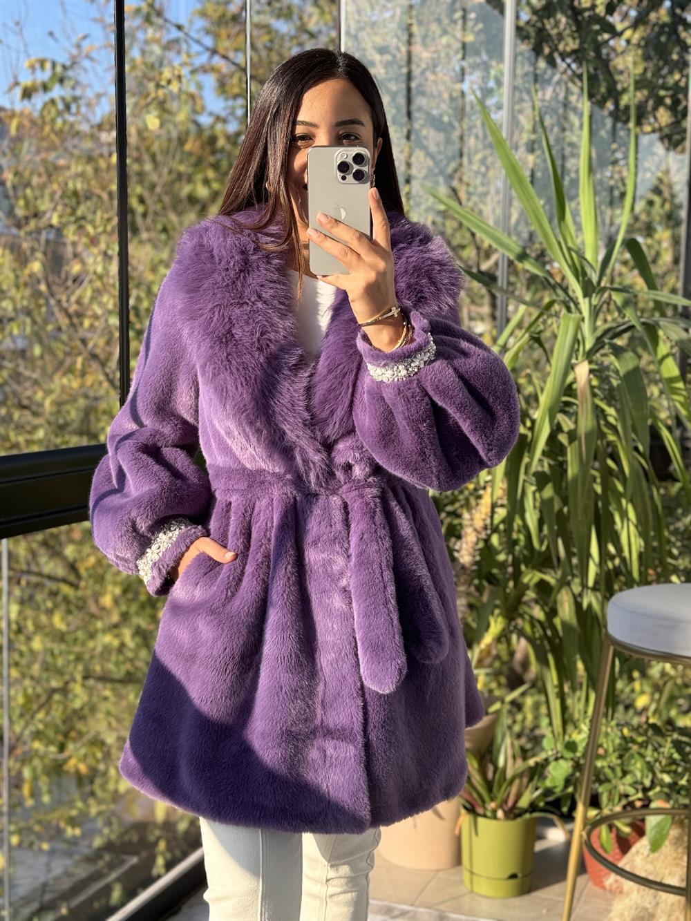 İthal Kolu İncili Kürk Mor