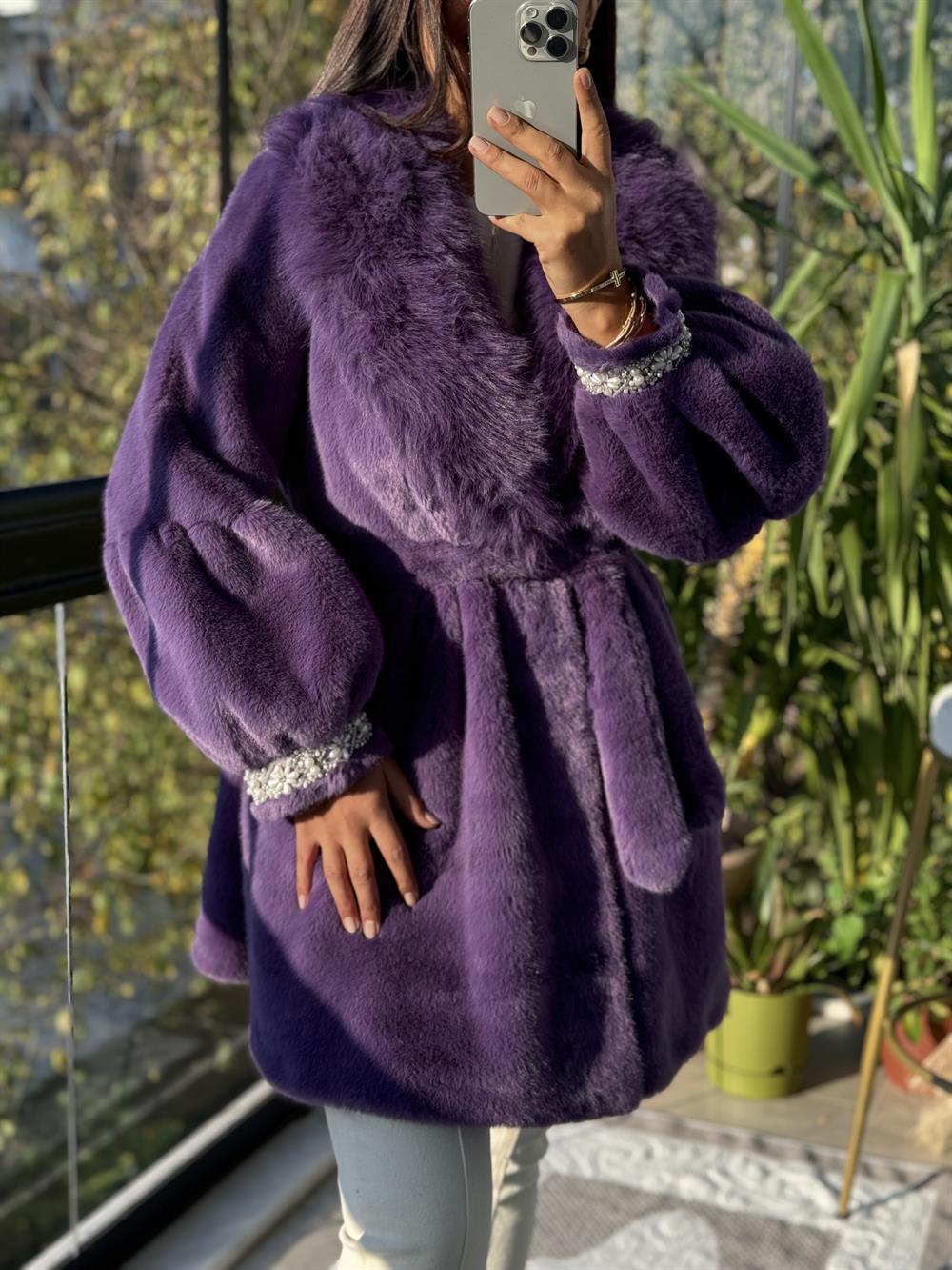 İthal Kolu İncili Kürk Mor