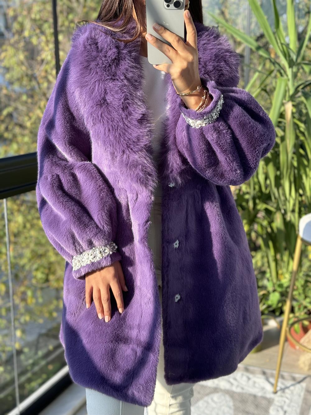 İthal Kolu İncili Kürk Mor