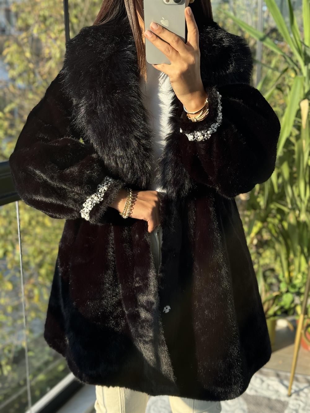 İthal Kolu İncili Kürk Siyah