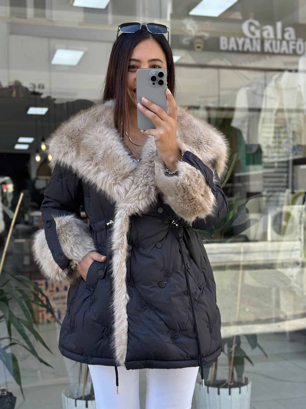 İthal Kürk Detaylı Mont Siyah