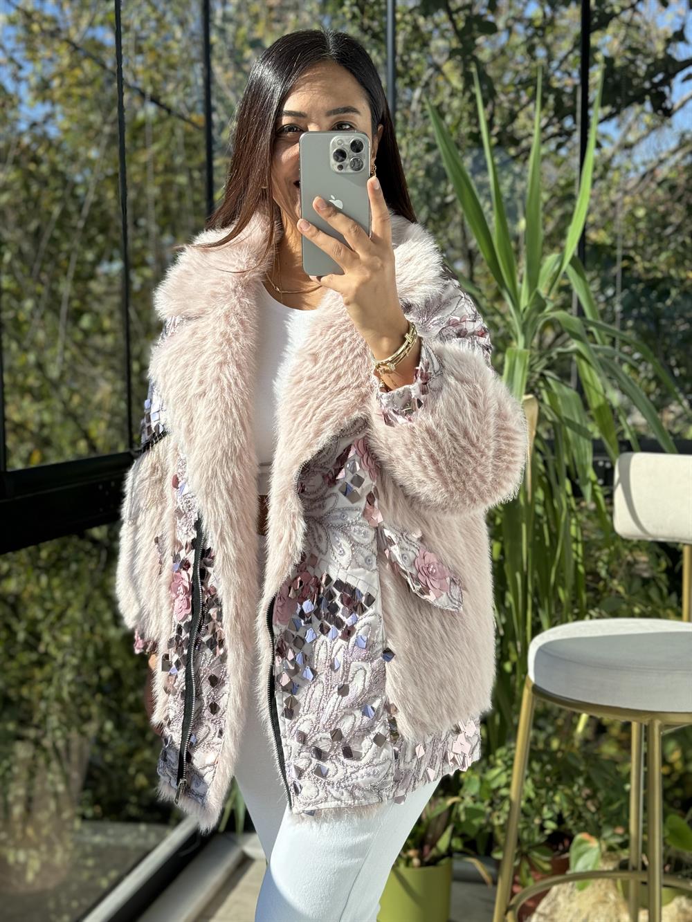 İthal Kürk Gül Detaylı Mont Pembe