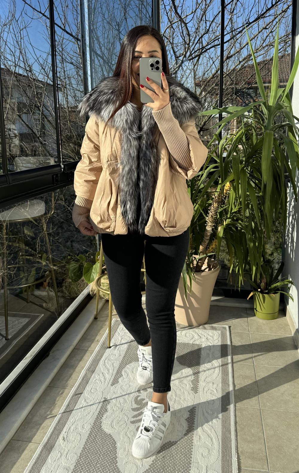 İthal Kürklü Kol Detaylı Şişme Mont Kahve