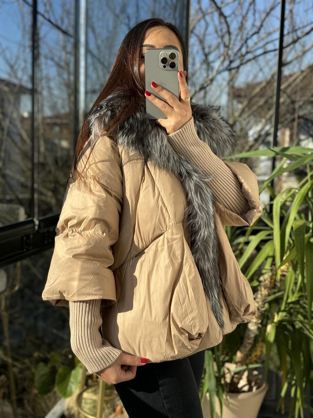 İthal Kürklü Kol Detaylı Şişme Mont Kahve