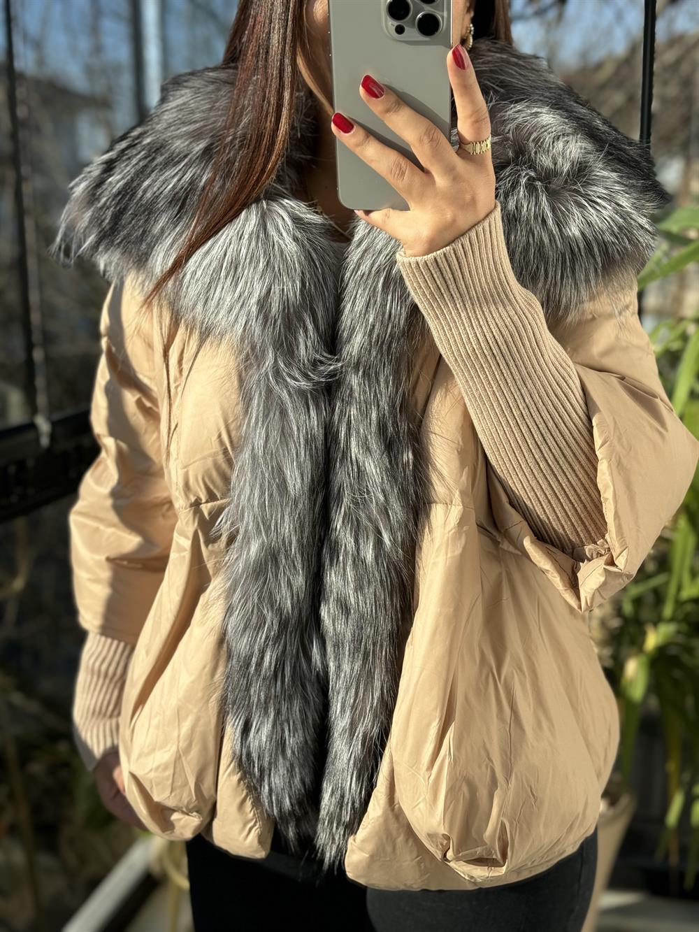 İthal Kürklü Kol Detaylı Şişme Mont Kahve