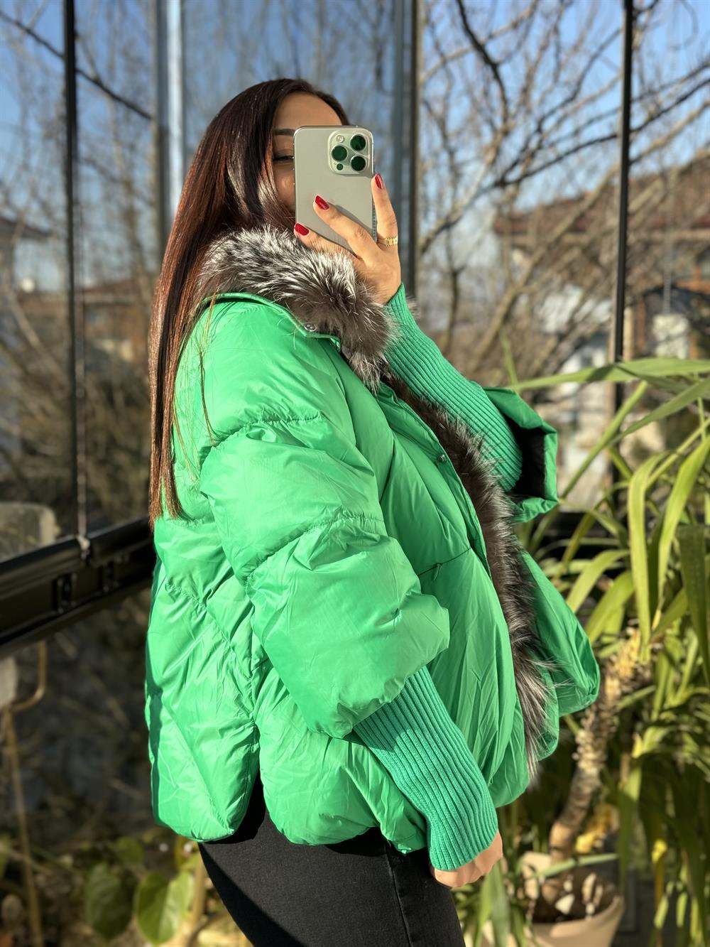 İthal Kürklü Kol Detaylı Şişme Mont Yeşil