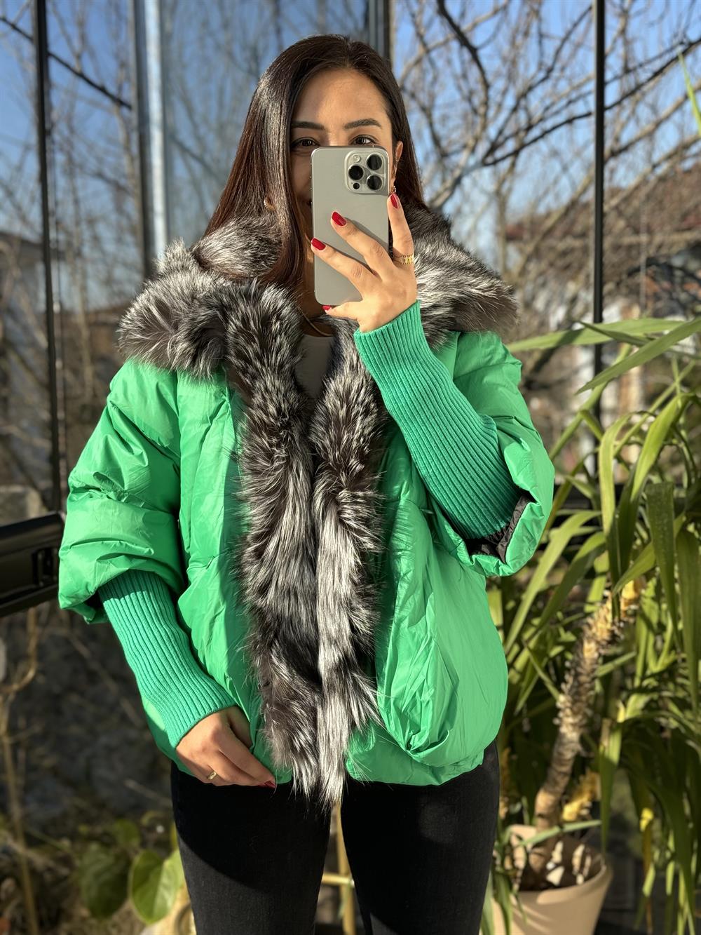 İthal Kürklü Kol Detaylı Şişme Mont Yeşil