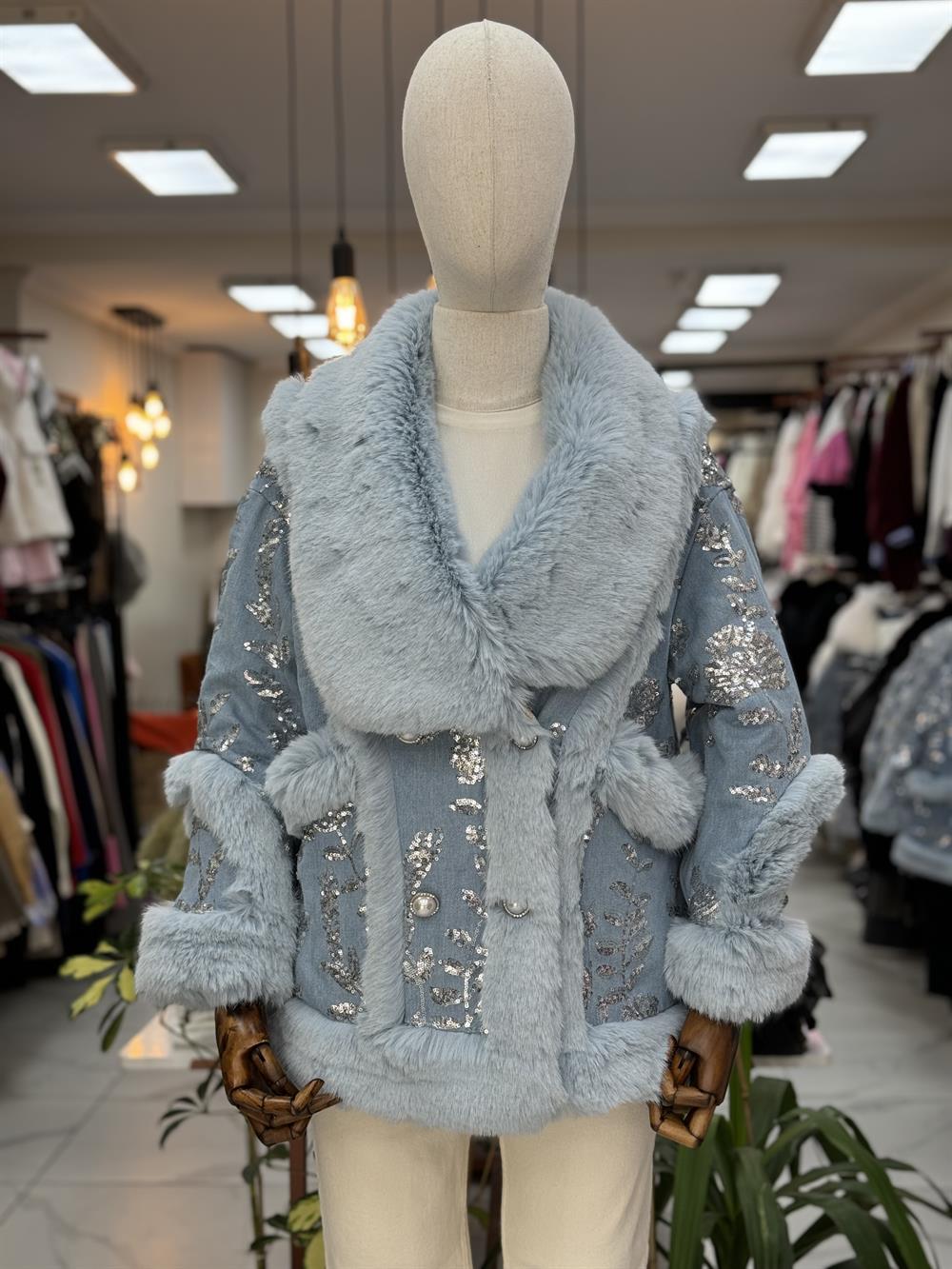 İthal Kürklü Payet Detaylı Mont Mavi