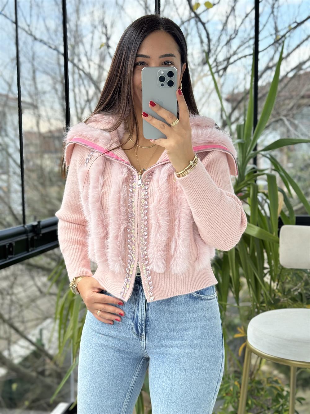 İthal Kürklü Taşlı Fermuarlı Hırka Pembe